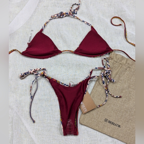 BNWT / Berlook / Extra Small / Burgundy Reversible Halter Triangle Bikini - Picture 3 of 4